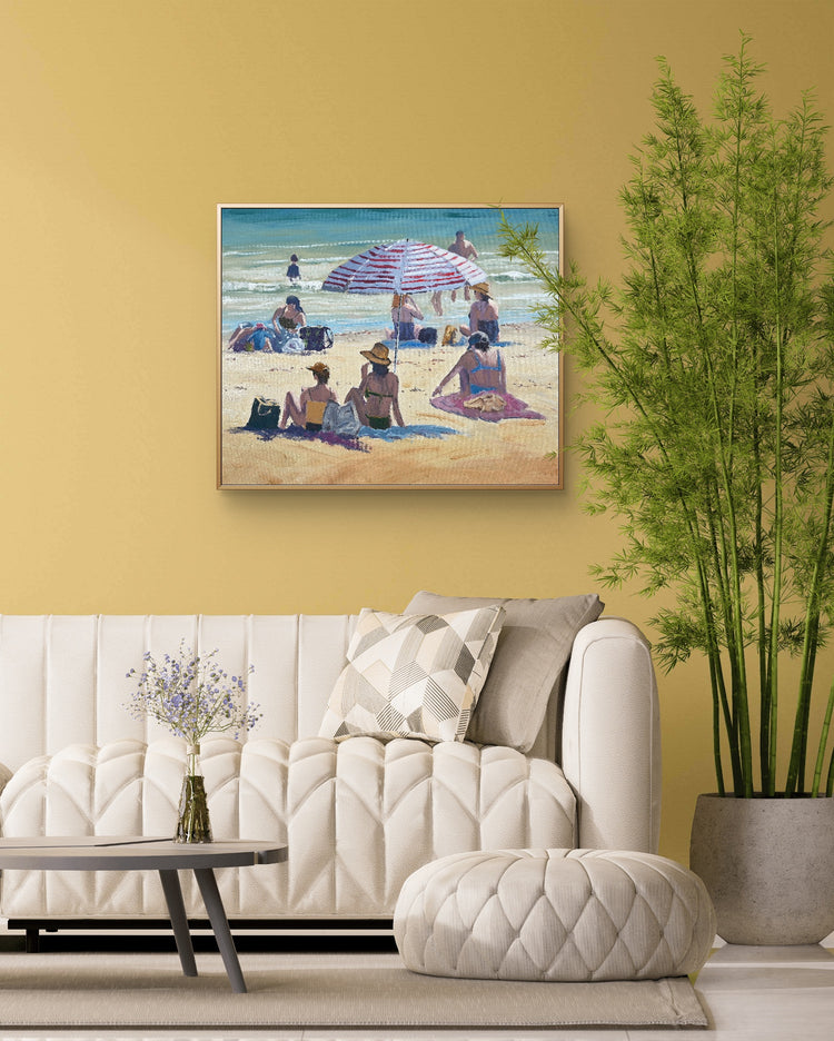 "Noosa Beach Bums" – Original Oil Painting on Canvas, Framed in Oak Float Frame