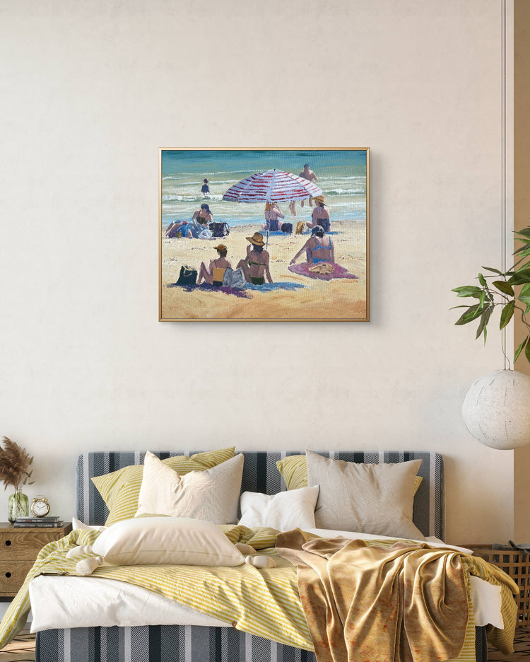 "Noosa Beach Bums" – Original Oil Painting on Canvas, Framed in Oak Float Frame