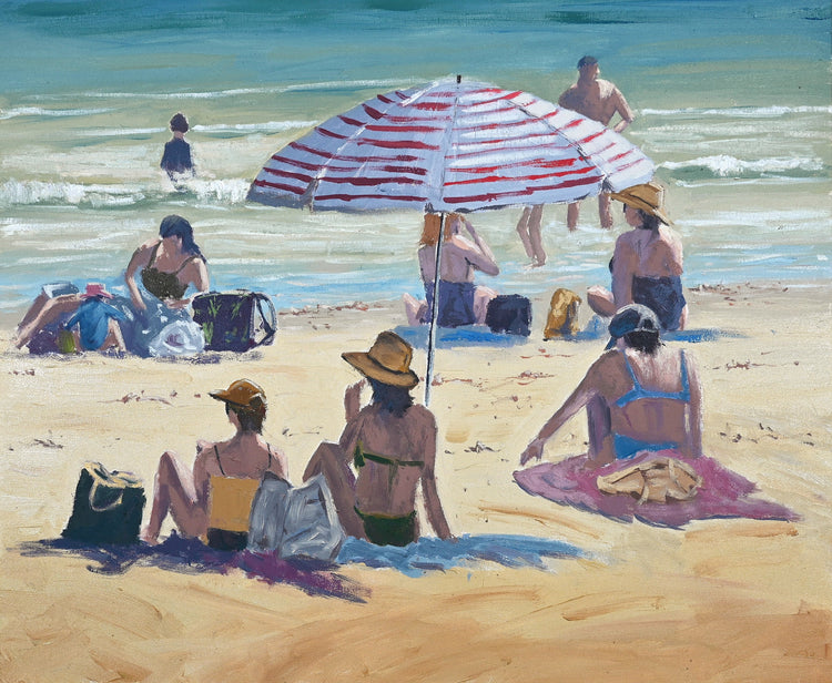 "Noosa Beach Bums" – Original Oil Painting on Canvas, Framed in Oak Float Frame