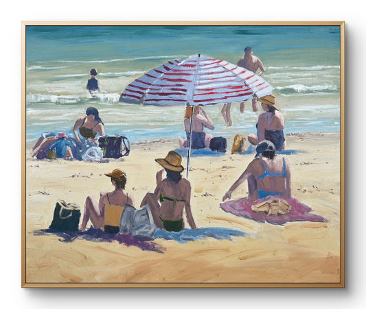 "Noosa Beach Bums" – Original Oil Painting on Canvas, Framed in Oak Float Frame