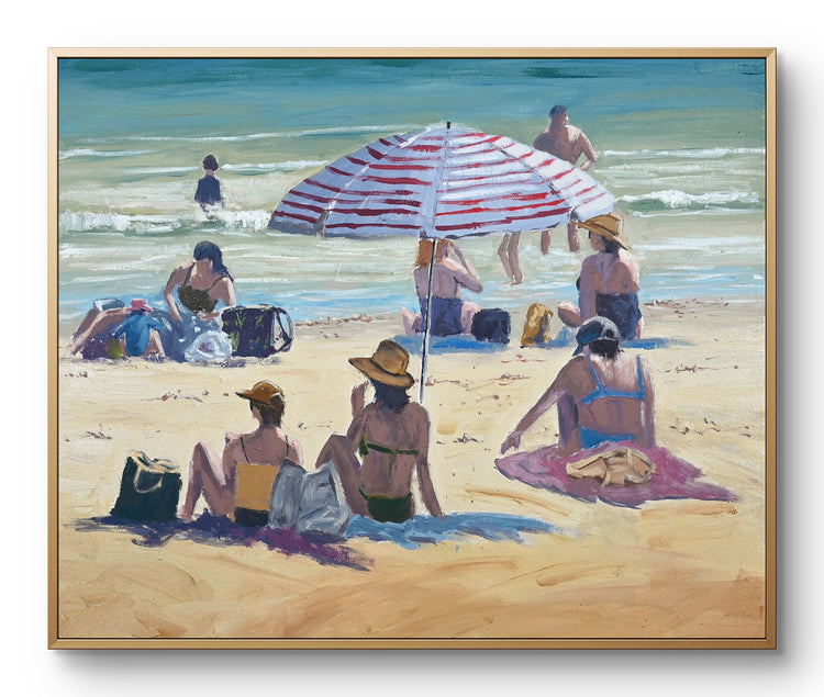 "Noosa Beach Bums" – Original Oil Painting on Canvas, Framed in Oak Float Frame